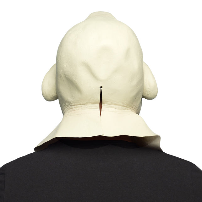 Achterzijde van het latex hoofdmasker Balthazar met nekflap en opening in het latex