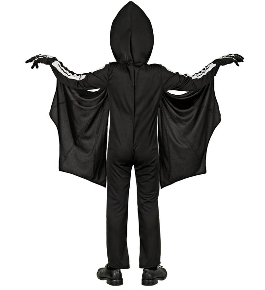 Achterzijde van het pterodactyl skelet kostuum Timo: zwarte jumpsuit met effen rug en vleugelvliezen