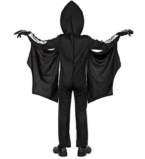 Achterzijde van het pterodactyl skelet kostuum Timo: zwarte jumpsuit met effen rug en vleugelvliezen