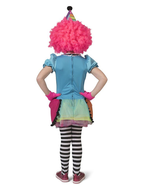 Achterzijde van het regenboog clownsjurkje met rits over de hele rug en tule in pastelkleuren