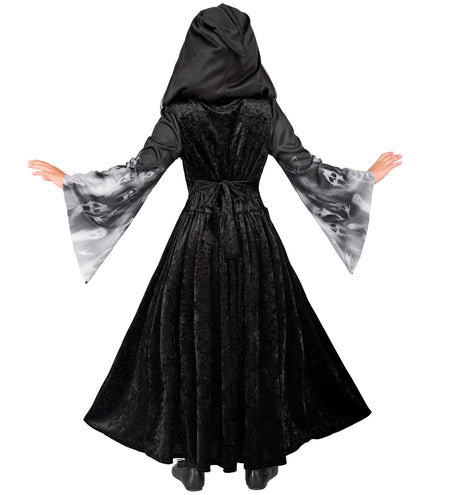 Achterzijde van de schreeuwende zielen jurk met strik op de taille en wijde klokmouwen met spookkoppen