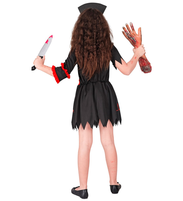 Achterzijde van het zombie verpleegster kostuum Evi met puntig uitgesneden zoom en elastiek in de taille