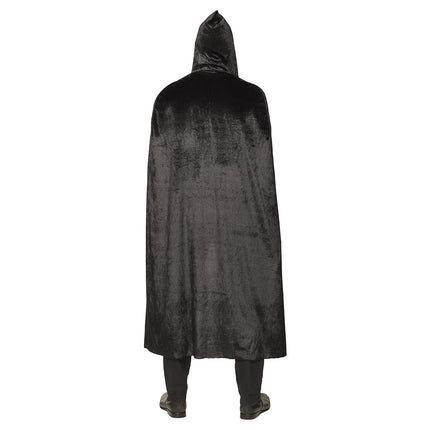Achterzijde van de zwarte cape Darkness met puntige kap en ruim vallende rug