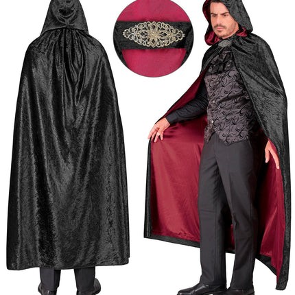 Achterzijde van de zwarte cape met kap plus detail van de filigraan siergesp op de halsband