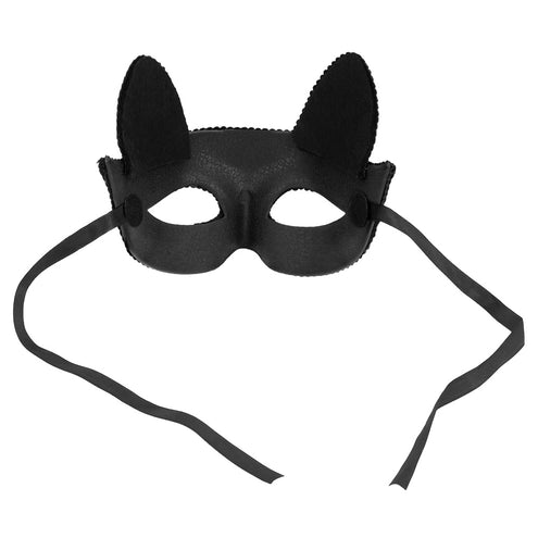 Achterzijde van het zwarte kattenmasker met uitgesneden ogen en zwarte sluitlinten