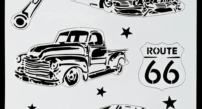 Airbrush sjabloon classic cars van TattooPro met drie oldtimers, moersleutel, Route 66-bord en sterren