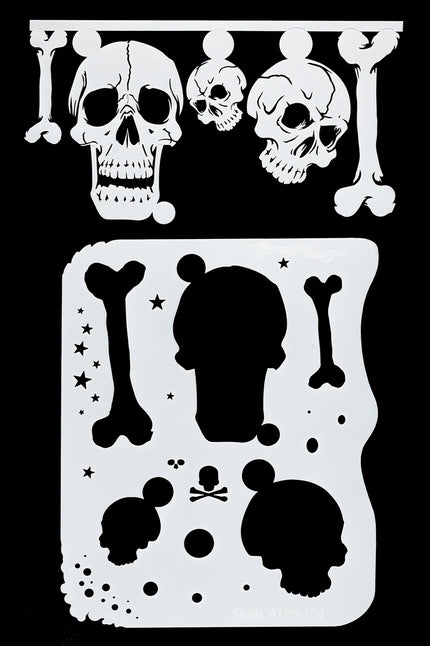 Airbrush sjabloon doodshoofden en botten TattooPro Skulls, wit vel met drie schedels, sterren en spatjes