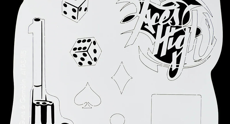 Airbrush sjabloon Guns en Gamblin met revolver, dobbelstenen en kaartsymbolen voor casinotattoos