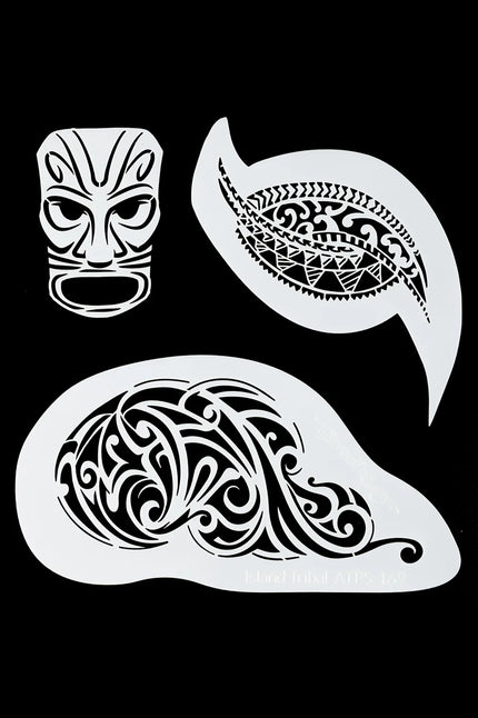 Airbrush sjabloon Island Tribal met tikimasker, bladmotief en golfmotief in wit uitgesneden