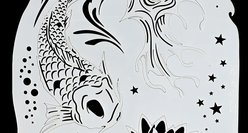 Airbrush sjabloon koi en lotus van TattooPro met koivis, lotusbloem, sterren en luchtbellen