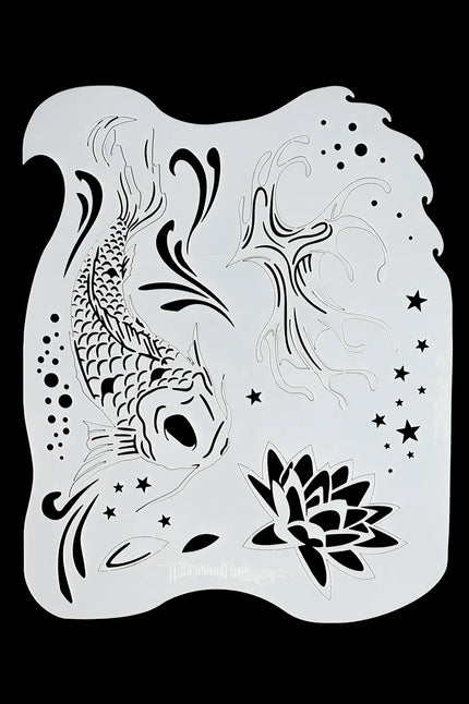 Airbrush sjabloon koi en lotus van TattooPro met koivis, lotusbloem, sterren en luchtbellen