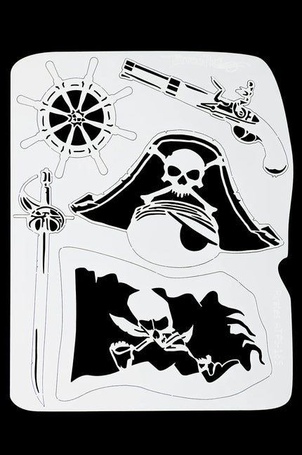 Airbrush sjabloon piraten met doodskop op steek, piratenvlag, scheepsroer, sabel en pistool