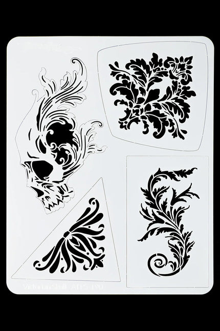 Airbrush sjabloon Victorian Skull met schedel, bladranken en hoekornament in wit kunststof