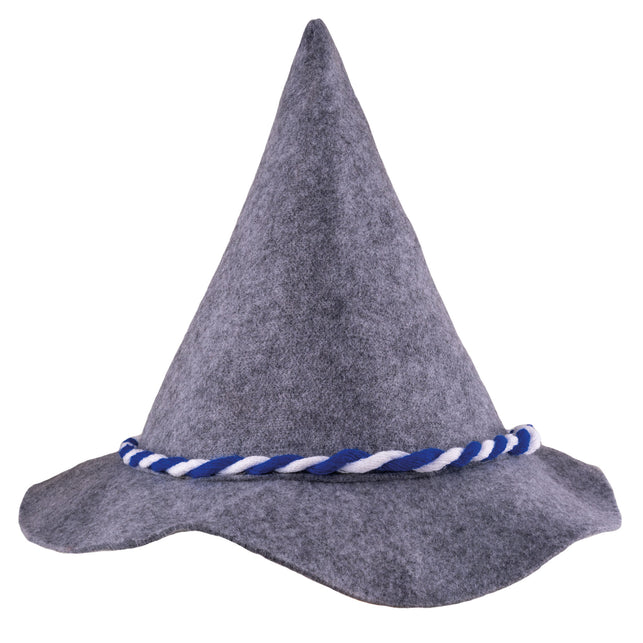 Alpenmuts Oktoberfest in grijs vilt met spitse punt en gedraaid blauw-wit koord rond de bol