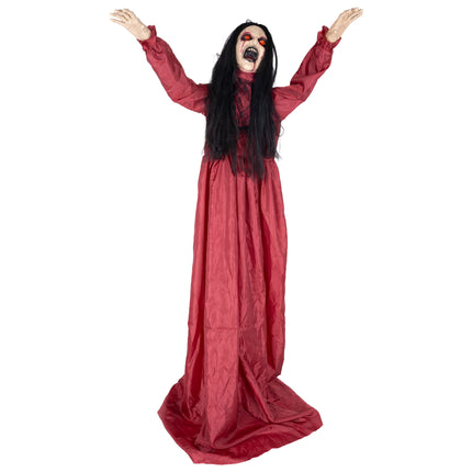 Animatronic meisje met gebroken rug 157 cm in rode jurk met zwart haar en opgeheven armen voor Halloween