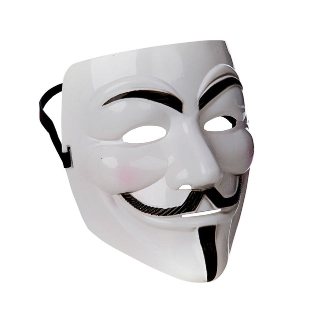 Anonymous masker wit met glanzende afwerking, zwarte snor en sik, voor Halloween of carnaval