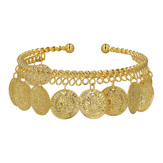 Armband Nefertari smal goud als open gedraaide armring met lusjes en ronde muntjes met reliëf