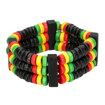 Armband One love met drie rijen kralen in zwart, rood, geel en groen, verbonden door zwarte balkjes
