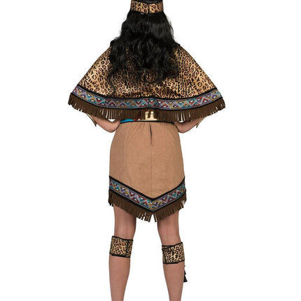 Azteken jurk voor dames achterkant met cape in luipaardprint, franjerand en V-vormige zoom