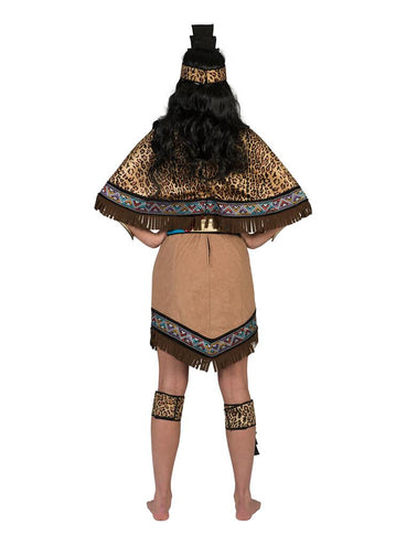 Azteken jurk voor dames achterkant met cape in luipaardprint, franjerand en V-vormige zoom