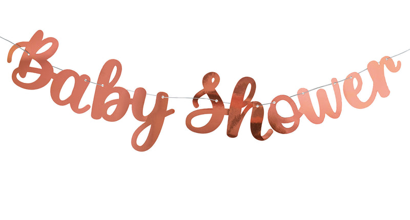 Baby Shower slinger in rosé goud met sierlijke schrijfletters aan een zilverkleurig koord