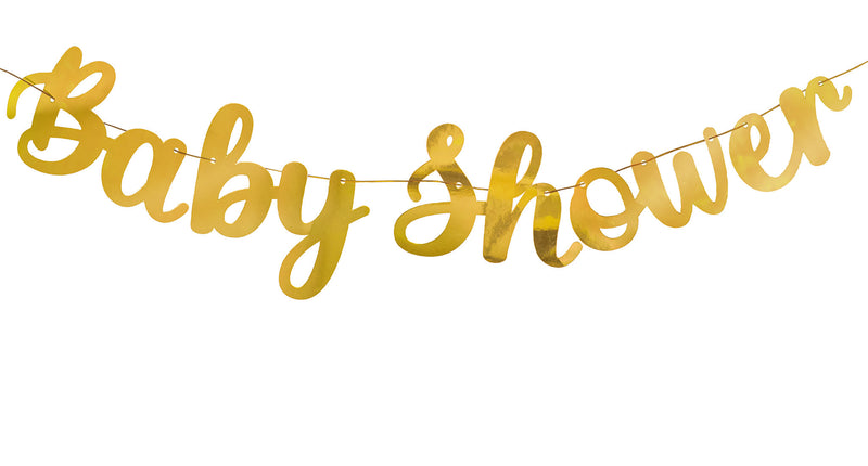 Babyshower slinger goud met de tekst Baby Shower in schuinschrift, papieren letters aan een goudkleurig koord
