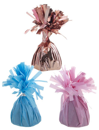 Ballongewicht folie in lichtblauw, roségoud en roze met franjekwast bovenop, voor heliumballonnen