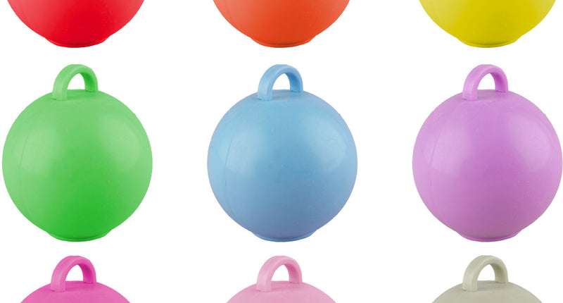 Ballongewicht rond in negen kleuren, van rood en geel tot lila, roze en beige, elk met lus
