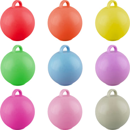 Ballongewicht rond in negen kleuren, van rood en geel tot lila, roze en beige, elk met lus