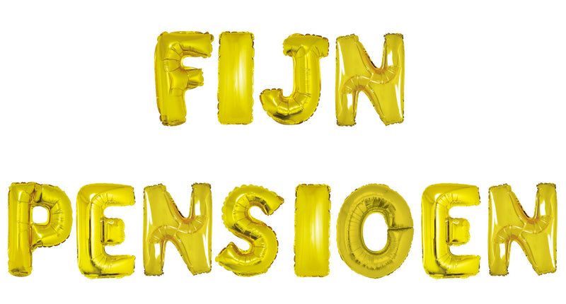Ballonnen set Fijn pensioen: twaalf gouden folieletters die de tekst FIJN PENSIOEN vormen, voor een pensioenfeest
