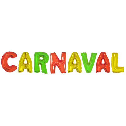 Ballonset carnaval met folie letterballonnen in rood, geel en groen die het woord carnaval vormen