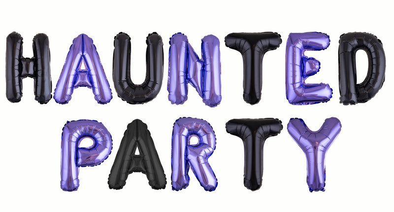 Ballonset Haunted Party met paarse en zwarte folieletters van 41 cm voor Halloween