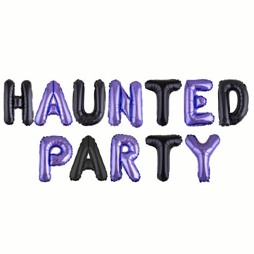 Ballonset Haunted Party met paarse en zwarte folieletters van 41 cm voor Halloween