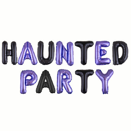 Ballonset Haunted Party met paarse en zwarte folieletters van 41 cm voor Halloween