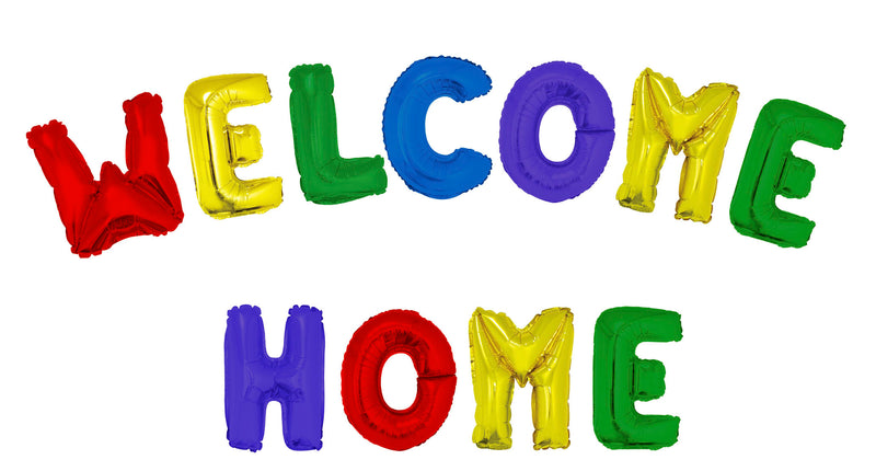 Ballonset welcome home met twaalf folieletters van 40 cm in rood, geel, groen, blauw en paars