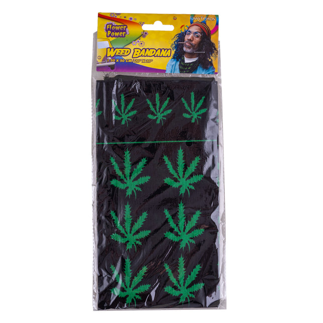 Bandana cannabis in verpakking, zwarte doek met groene cannabisbladprint