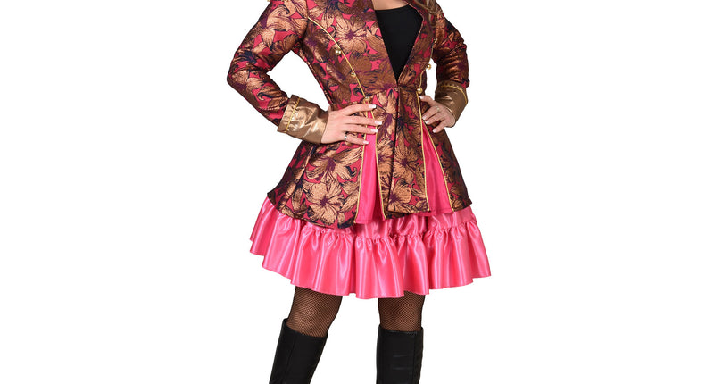 Barok jas dames in roze met goudkleurige bloemenprint en epaulet, gedragen over roze rok