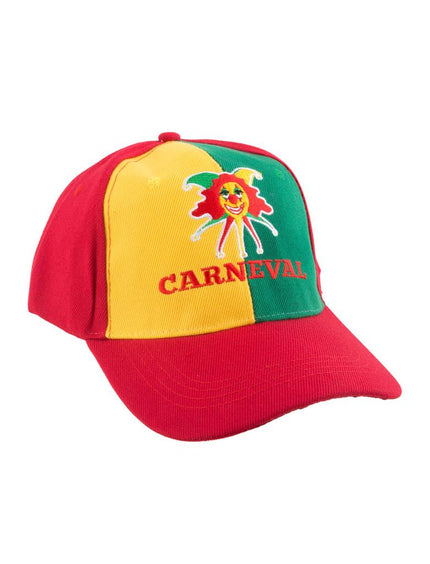Baseballpet carnaval in rood, geel en groen met geborduurde narrenkop en opschrift Carneval