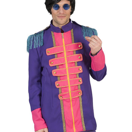 Beatles jas in paars van dichtbij met roze lussen, gouden knoopjes en gevlochten gouden bies