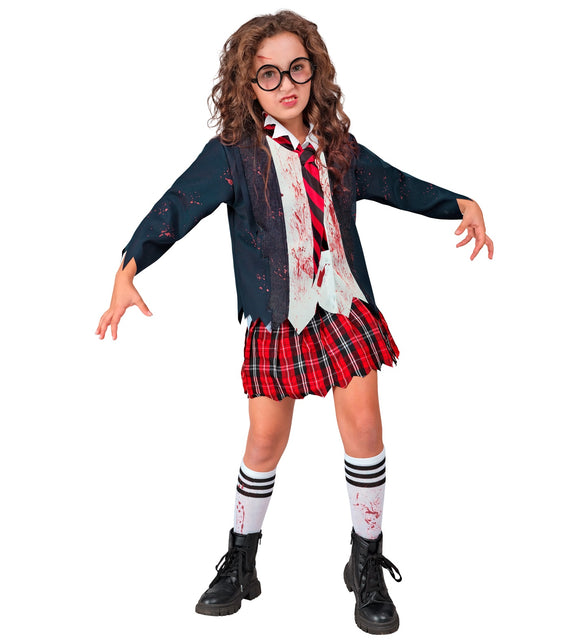 Bebloed shirt en gerafelde blazer van het zombie schoolmeisje kostuum, gedragen door meisje