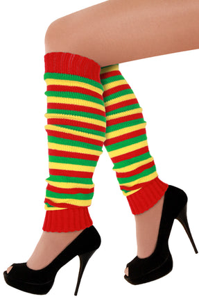 Beenwarmers rood geel groen met smalle gebreide strepen, tot over de knie gedragen voor carnaval