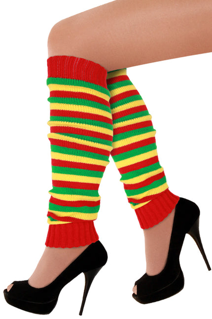 Beenwarmers rood geel groen met smalle gebreide strepen, tot over de knie gedragen voor carnaval