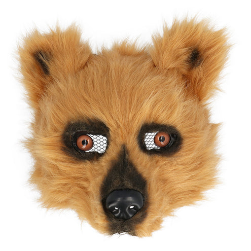Beermasker van pluche met ronde oren, bruine ogen en zwarte snuit, vooraanzicht