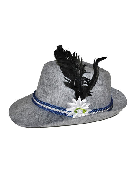 Beierse hoedje heren in grijs vilt met blauw-wit koord, witte edelweissbloem en zwarte veren voor Oktoberfest