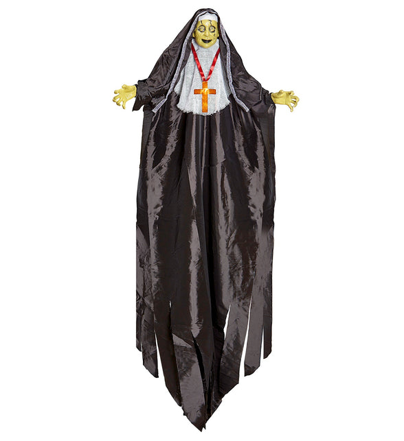 Bezeten non decoratie van 137 cm met zwart gewaad, wit kapje en oranje kruis voor Halloween