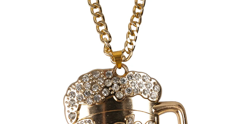 Bierpul ketting Brabo goud met schuimkraag van steentjes aan schakelketting voor een bierfeest