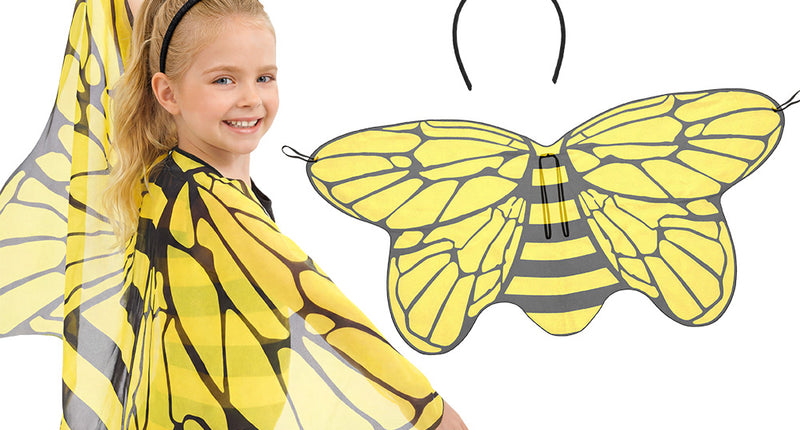 Bijenset Happy bee geel met gestreepte sprieten en doorschijnend vleugelpaar, gedragen door een meisje voor carnaval