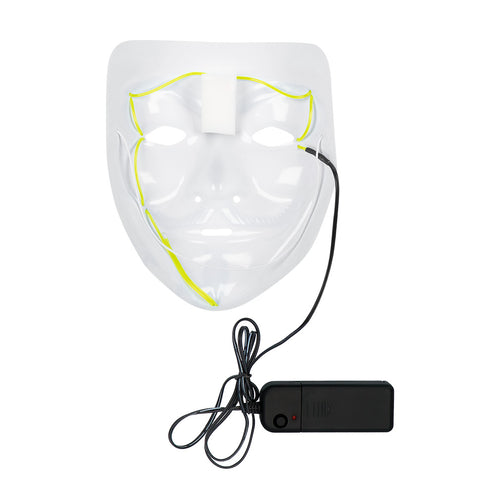 Binnenzijde van het LED masker Protest met neongele lichtdraad en aan-uitknop op de batterijhouder