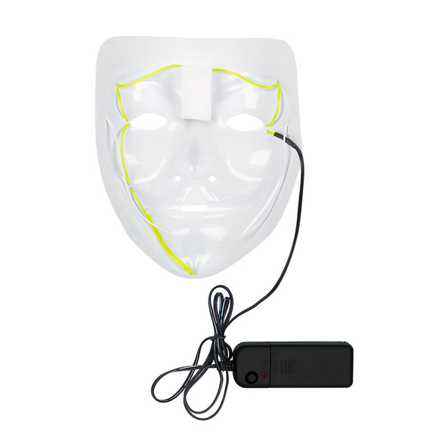 Binnenzijde van het LED masker Protest met neongele lichtdraad en aan-uitknop op de batterijhouder