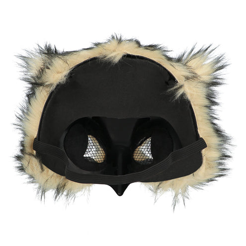 Binnenzijde uilenmasker met gaasjes achter de oogopeningen en elastieken band